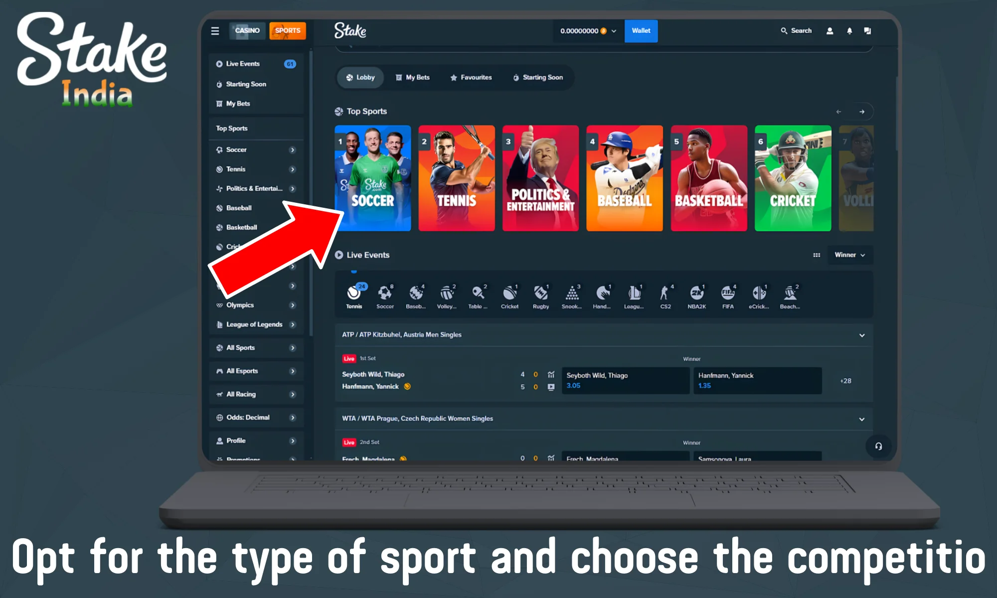 Opt for the type of sport and choose the competition